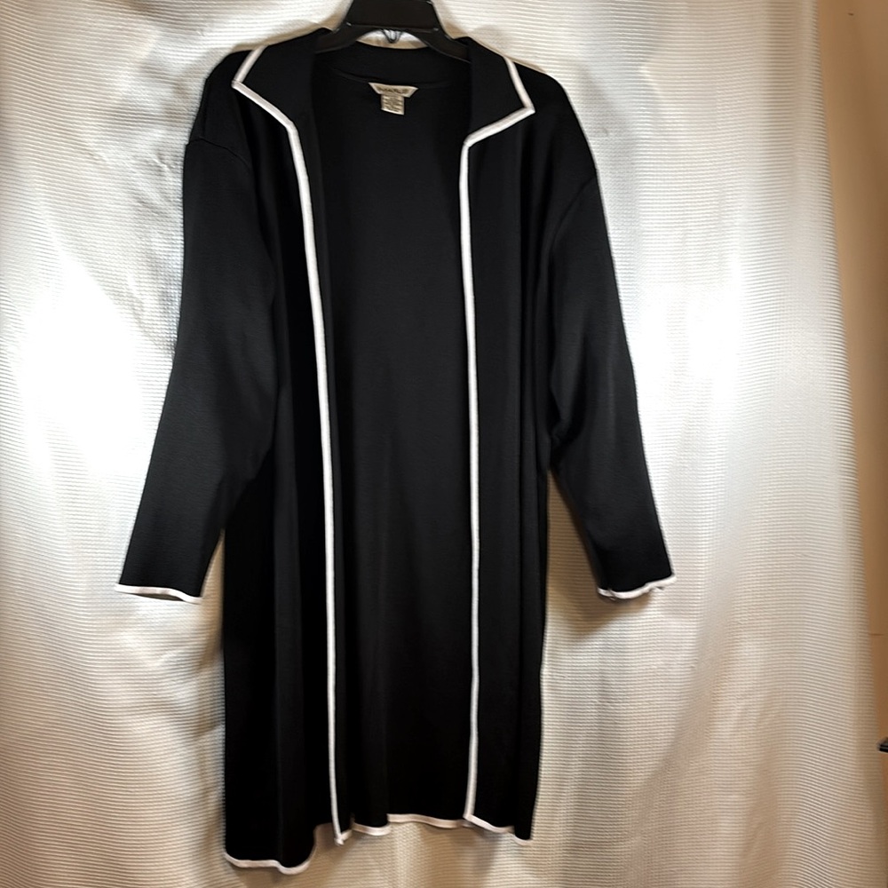 Marlis Long Black Cardigan with White Trim. Size XL